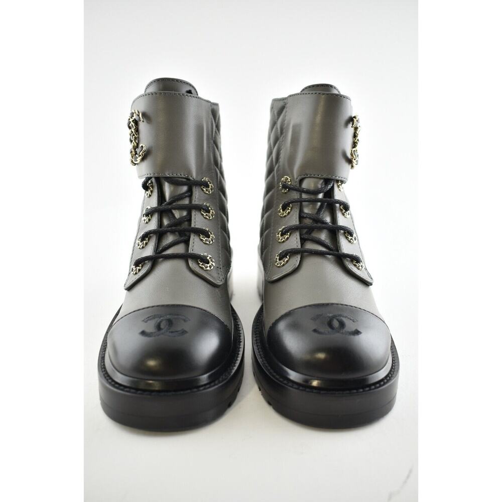 Chanel 21A Grey Black Quilted CC Chain Combat Lace Up Tie Ankle Short Boots 37 - Picture 5 of 11